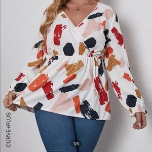 Shein Plus Brush Print Front Peplum Blouse
